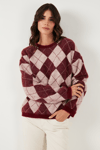Lela Baklava Desenli Oversize Bisiklet Yaka Yumuşak Dokulu Bayan Kazak 4616262 BORDO