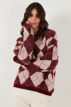 Lela Baklava Desenli Oversize Bisiklet Yaka Yumuşak Dokulu Bayan Kazak 4616262 BORDO