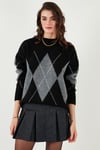 Lela Baklava Desenli Standart Fit Bisiklet Yaka Bayan Kazak 4615574 SİYAH