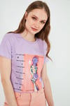 Lela Baskılı Bisiklet Yaka % 100 Pamuk Bayan T Shirt 6001003 LİLA