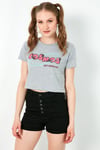 Lela Baskılı Bisiklet Yaka % 100 Pamuk Crop Bayan T Shirt 6001011 GRİ MELANJ