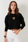 Lela Baskılı Bisiklet Yaka Pamuklu Crop Bayan Sweat 601MS1342 SİYAH