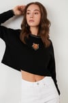 Lela Baskılı Bisiklet Yaka Pamuklu Crop Bayan Sweat 601MS1342 SİYAH
