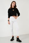 Lela Baskılı Bisiklet Yaka Pamuklu Crop Bayan Sweat 601MS1342 SİYAH