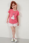 Lela Baskılı Bisiklet Yaka Pamuklu Kız Çocuk T Shirt 6211037 Açık Nar