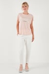 Lela Baskılı Bisiklet Yaka Regular Fit Bayan T Shirt 6671007 PUDRA