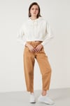 Lela Baskılı Kapüşonlu Pamuklu Crop Bayan Sweat 6001041 EKRU