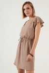 Lela Belden Büzgülü Kol Detaylı Bisiklet Yaka Regular Fit Bayan Elbise 6058386 VİZON