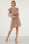 Lela Belden Büzgülü Kol Detaylı Bisiklet Yaka Regular Fit Bayan Elbise 6058386 VİZON