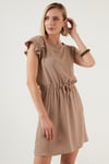 Lela Belden Büzgülü Kol Detaylı Bisiklet Yaka Regular Fit Bayan Elbise 6058386 VİZON