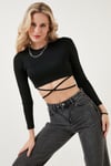 Lela Beli Bağlamalı Slim Fit Bisiklet Yaka Crop Kadın Bluz 5865402 SİYAH
