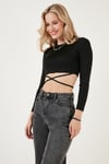 Lela Beli Bağlamalı Slim Fit Bisiklet Yaka Crop Kadın Bluz 5865402 SİYAH