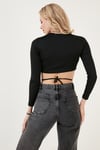 Lela Beli Bağlamalı Slim Fit Bisiklet Yaka Crop Kadın Bluz 5865402 SİYAH