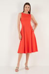 Lela Bisiklet Yaka Regular Fit Cepli Pileli Midi Bayan Elbise 6051963 ORANJ