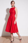 Lela Bisiklet Yaka Regular Fit Cepli Pileli Midi Bayan Elbise 6051963 KIRMIZI