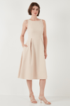 Lela Bisiklet Yaka Regular Fit Cepli Pileli Midi Bayan Elbise 6051963 TAŞ