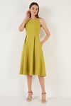 Lela Bisiklet Yaka Regular Fit Cepli Pileli Midi Bayan Elbise 6051963 YAĞYEŞİLİ