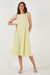 Lela Bisiklet Yaka Regular Fit Cepli Pileli Midi Bayan Elbise 6051963 SARI