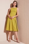 Lela Bisiklet Yaka Regular Fit Cepli Pileli Midi Bayan Elbise 6051963 YAĞYEŞİLİ