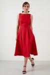 Lela Bisiklet Yaka Regular Fit Cepli Pileli Midi Bayan Elbise 6051963 KIRMIZI