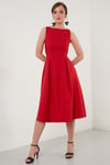 Lela Bisiklet Yaka Regular Fit Cepli Pileli Midi Bayan Elbise 6051963 KIRMIZI