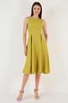 Lela Bisiklet Yaka Regular Fit Cepli Pileli Midi Bayan Elbise 6051963 YAĞYEŞİLİ