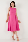 Lela Bisiklet Yaka Regular Fit Cepli Pileli Midi Bayan Elbise 6051963 FUŞYA