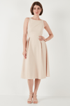 Lela Bisiklet Yaka Regular Fit Cepli Pileli Midi Bayan Elbise 6051963 TAŞ