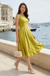 Lela Bisiklet Yaka Regular Fit Cepli Pileli Midi Bayan Elbise 6051963 YAĞYEŞİLİ