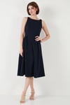 Lela Bisiklet Yaka Regular Fit Cepli Pileli Midi Bayan Elbise 6051963 LACİVERT