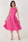 Lela Bisiklet Yaka Regular Fit Cepli Pileli Midi Bayan Elbise 6051963 FUŞYA