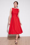 Lela Bisiklet Yaka Regular Fit Cepli Pileli Midi Bayan Elbise 6051963 KIRMIZI