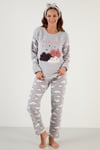 Lela Bulut Desenli Cepli Beli Lastikli Peluş Bayan Pijama Takımı 6094120BULUT GRİ