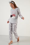 Lela Bulut Desenli Cepli Beli Lastikli Peluş Bayan Pijama Takımı 6094120BULUT GRİ