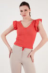 Lela Büzgü Detaylı Kolları Fırfırlı Dar Kesim Crop Bayan Bluz 5865015 NAR ÇİÇEĞİ