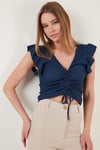 Lela Büzgü Detaylı Kolları Fırfırlı Dar Kesim Crop Bayan Bluz 5865015 İNDİGO