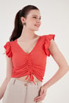 Lela Büzgü Detaylı Kolları Fırfırlı Dar Kesim Crop Bayan Bluz 5865015 NAR ÇİÇEĞİ