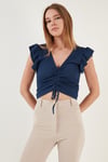 Lela Büzgü Detaylı Kolları Fırfırlı Dar Kesim Crop Bayan Bluz 5865015 İNDİGO