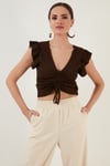 Lela Büzgü Detaylı Kolları Fırfırlı Dar Kesim Crop Bayan Bluz 5865015 KAHVE