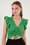 Lela Büzgü Detaylı Kolları Fırfırlı Dar Kesim Crop Bayan Bluz 5865015 BENETTON