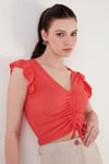 Lela Büzgü Detaylı Kolları Fırfırlı Dar Kesim Crop Bayan Bluz 5865015 NAR ÇİÇEĞİ
