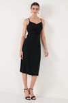Lela Büzgü Detaylı Regular Fit V Yaka Midi Boy Bayan Elbise 6788886 SİYAH