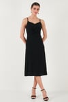 Lela Büzgü Detaylı Regular Fit V Yaka Midi Boy Bayan Elbise 6788886 SİYAH