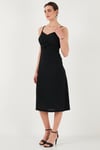 Lela Büzgü Detaylı Regular Fit V Yaka Midi Boy Bayan Elbise 6788886 SİYAH
