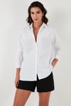 Lela Cepleri Taş Detaylı % 100 Pamuk Oversize Bayan Gömlek 51444782 BEYAZ