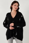 Lela Çiçek İşlemeli Oversize Fit V Yaka Düğmeli Bayan Hırka 4616191 SİYAH