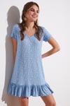 Lela Çiçekli Yuvarlak Yaka Fırfır Detaylı Mini Bayan Elbise 5863677 BEBE MAVİ