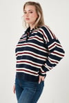 Lela Çizgili Oversize Fit Düğmeli Bayan Polo Yaka Kazak 4615259 LACİVERT