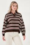 Lela Çizgili Oversize Fit Düğmeli Bayan Polo Yaka Kazak 4615259 KAHVE