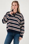Lela Çizgili Oversize Fit Düğmeli Bayan Polo Yaka Kazak 4615259 LACİVERT